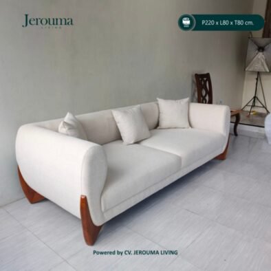 Sofa 3 Dudukan Minimalis Modern Krem dengan Kaki Kayu – P220 x L80 x T80 cm | Jerouma Living