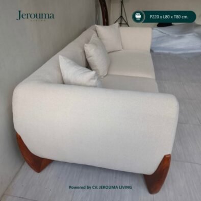 Sofa 3 Dudukan Minimalis Modern Krem dengan Kaki Kayu – P220 x L80 x T80 cm | Jerouma Living