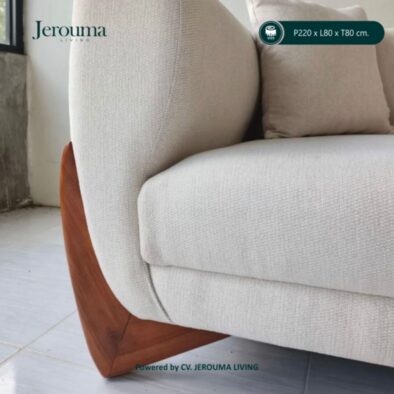 Sofa 3 Dudukan Minimalis Modern Krem dengan Kaki Kayu – P220 x L80 x T80 cm | Jerouma Living